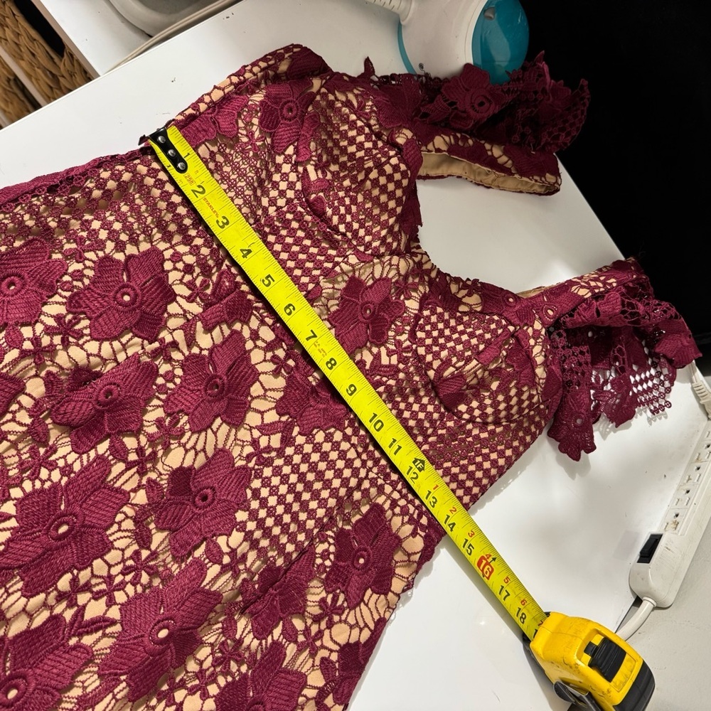 Bardot feminine whimsical  fairy Burgundy Lace romantic, formal Midi Dress - Picture 10 of 14